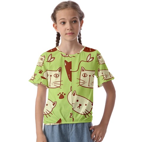 Cute Hand Drawn Cat Seamless Pattern Kids  Cuff Sleeve Scrunch Bottom T-shirt by Bedest