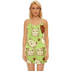 Cute Hand Drawn Cat Seamless Pattern Satin Pajama Short Set