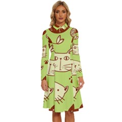 Cute Hand Drawn Cat Seamless Pattern Long Sleeve Shirt Collar A-line Dress by Bedest