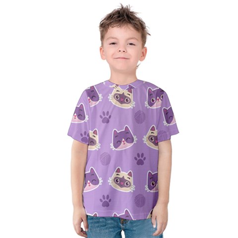 Cute Colorful Cat Kitten With Paw Yarn Ball Seamless Pattern Kids  Cotton T-shirt by Bedest