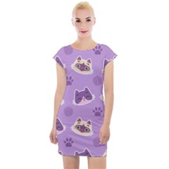 Cute Colorful Cat Kitten With Paw Yarn Ball Seamless Pattern Cap Sleeve Bodycon Dress by Bedest