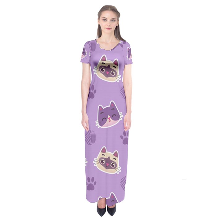 Cute Colorful Cat Kitten With Paw Yarn Ball Seamless Pattern Short Sleeve Maxi Dress