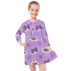 Cute Colorful Cat Kitten With Paw Yarn Ball Seamless Pattern Kids  Quarter Sleeve Shirt Dress by Bedest