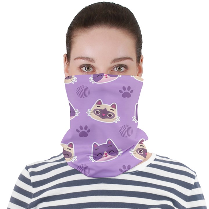 Cute Colorful Cat Kitten With Paw Yarn Ball Seamless Pattern Face Seamless Bandana (Adult)