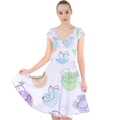 Cartoon Bird Cute Doodle Bird Cap Sleeve Front Wrap Midi Dress by Bedest