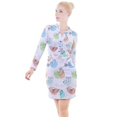 Cartoon Bird Cute Doodle Bird Button Long Sleeve Dress by Bedest