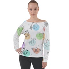 Cartoon Bird Cute Doodle Bird Off Shoulder Long Sleeve Velour Top by Bedest