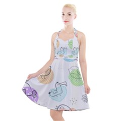 Cartoon Bird Cute Doodle Bird Halter Party Swing Dress  by Bedest