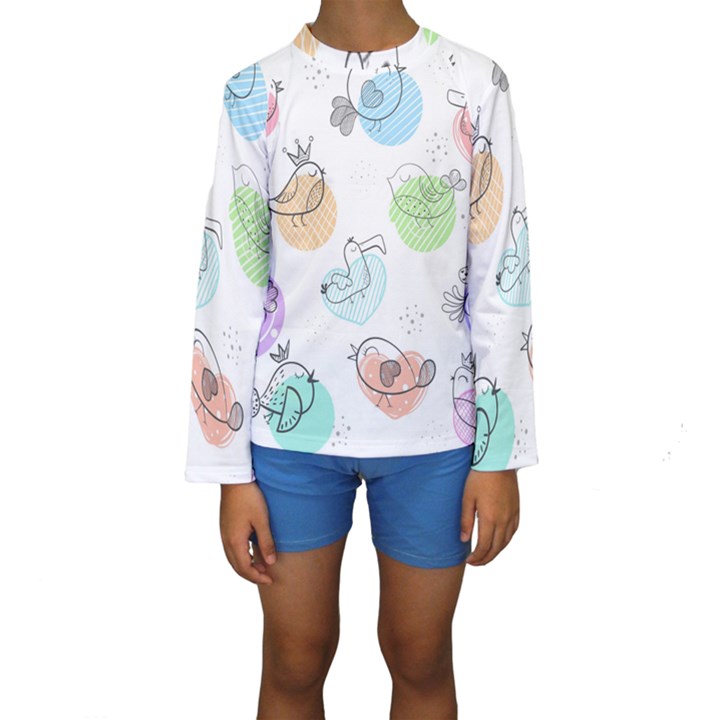 Cartoon Bird Cute Doodle Bird Kids  Long Sleeve Swimwear