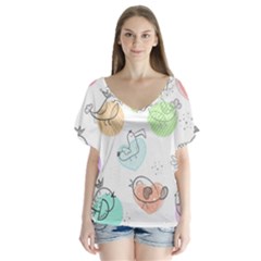 Cartoon Bird Cute Doodle Bird V-neck Flutter Sleeve Top by Bedest