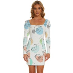 Cartoon Bird Cute Doodle Bird Long Sleeve Square Neck Bodycon Velvet Dress by Bedest