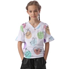 Cartoon Bird Cute Doodle Bird Kids  V-neck Horn Sleeve Blouse