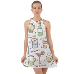 Drinks Cocktails Doodles Coffee Halter Tie Back Chiffon Dress by Apen