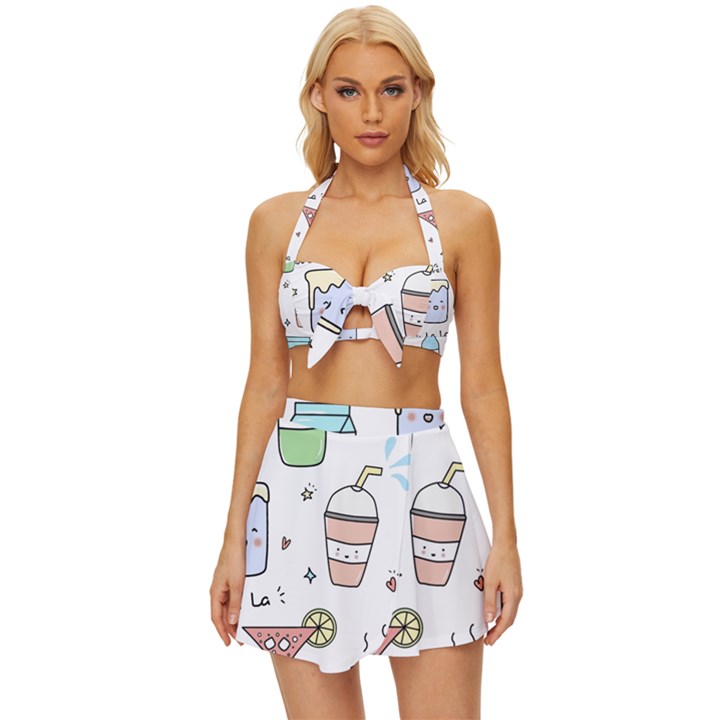 Drinks Cocktails Doodles Coffee Vintage Style Bikini Top and Skirt Set 