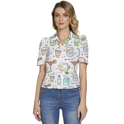 Drinks Cocktails Doodles Coffee Puffed Short Sleeve Button Up Jacket by Apen