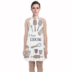 I Love Cooking Baking Utensils Knife Velvet Halter Neckline Dress  by Apen