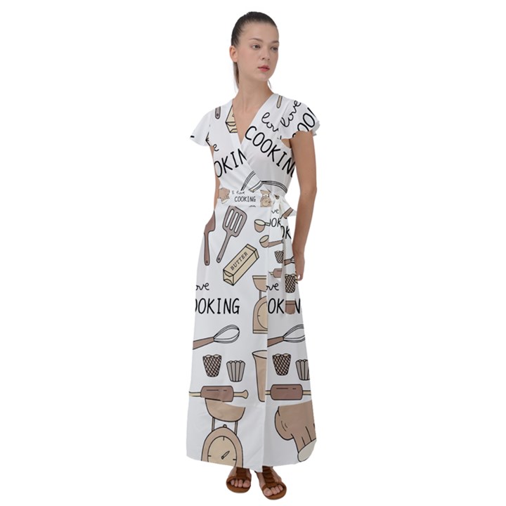 I Love Cooking Baking Utensils Knife Flutter Sleeve Maxi Dress