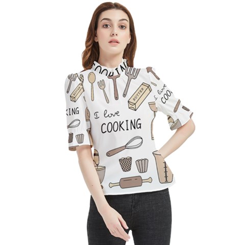 I Love Cooking Baking Utensils Knife Frill Neck Blouse by Apen