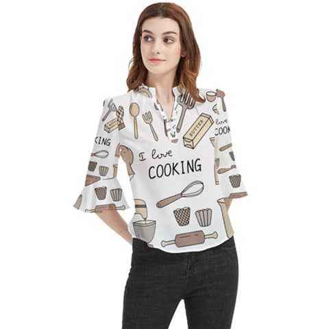 I Love Cooking Baking Utensils Knife Loose Horn Sleeve Chiffon Blouse by Apen