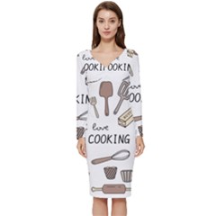 I Love Cooking Baking Utensils Knife Long Sleeve V-neck Bodycon Dress  by Apen