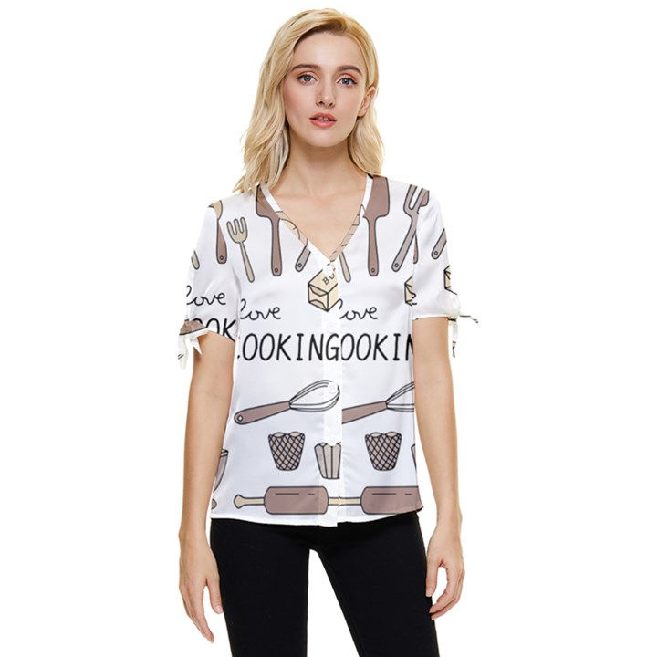 I Love Cooking Baking Utensils Knife Bow Sleeve Button Up Top