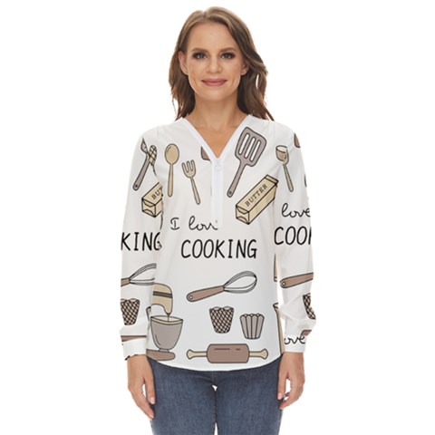 I Love Cooking Baking Utensils Knife Zip Up Long Sleeve Blouse by Apen