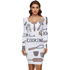 I Love Cooking Baking Utensils Knife Women Long Sleeve Ruched Stretch Jersey Dress by Apen