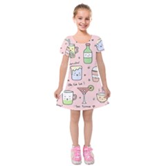 Drink Cocktail Doodle Coffee Kids  Short Sleeve Velvet Dress by Apen