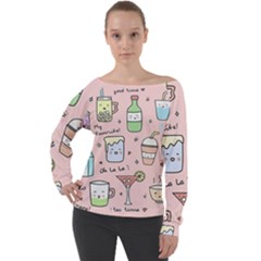 Drink Cocktail Doodle Coffee Off Shoulder Long Sleeve Velour Top by Apen