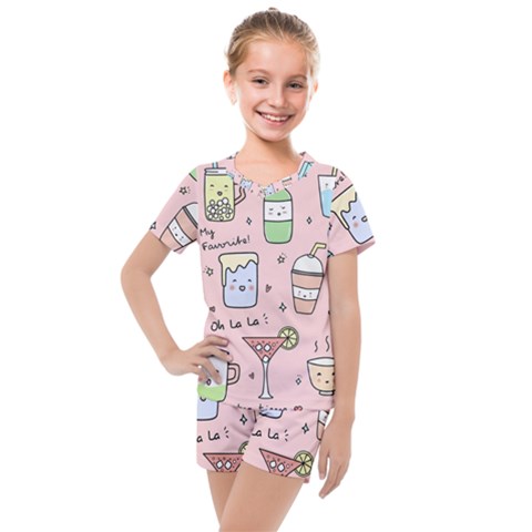 Drink Cocktail Doodle Coffee Kids  Mesh T-shirt And Shorts Set by Apen