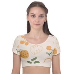 Cherries Flower Leaves Floral Velvet Short Sleeve Crop Top  by Apen