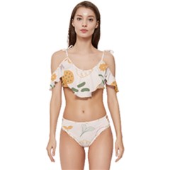 Cherries Flower Leaves Floral Ruffle Edge Tie Up Bikini Set	 by Apen