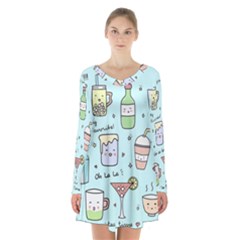 Drinks Cocktails Doodle Coffee Long Sleeve Velvet V-neck Dress by Apen