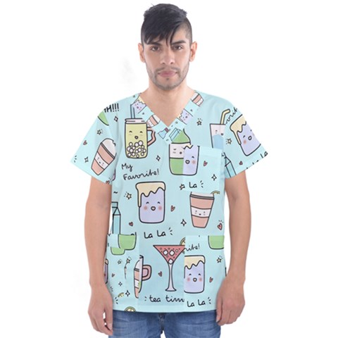 Drinks Cocktails Doodle Coffee Men s V-neck Scrub Top by Apen