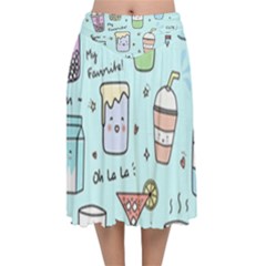 Drinks Cocktails Doodle Coffee Velvet Flared Midi Skirt by Apen