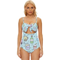 Drinks Cocktails Doodle Coffee Knot Front One-piece Swimsuit by Apen