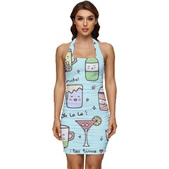 Drinks Cocktails Doodle Coffee Sleeveless Wide Square Neckline Ruched Bodycon Dress by Apen