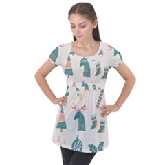 Reindeer Stars Socks Stick Puff Sleeve Tunic Top by Apen