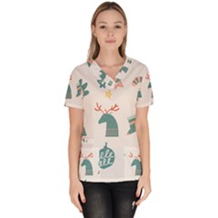 Reindeer Stars Socks Stick Women s V-neck Scrub Top by Apen