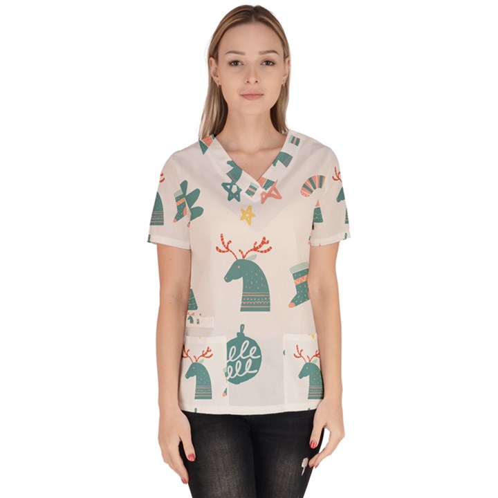 Reindeer Stars Socks Stick Women s V-Neck Scrub Top