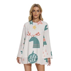 Reindeer Stars Socks Stick Round Neck Long Sleeve Bohemian Style Chiffon Mini Dress by Apen