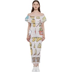 Dinner Meal Food Snack Fast Food Bardot Ruffle Jumpsuit by Apen