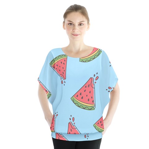 Watermelon Fruit Pattern Tropical Batwing Chiffon Blouse by Apen