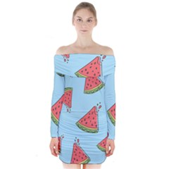 Watermelon Fruit Pattern Tropical Long Sleeve Off Shoulder Dress by Apen