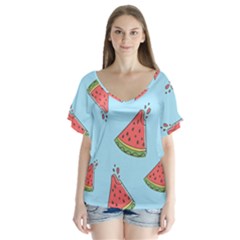 Watermelon Fruit Pattern Tropical V-neck Flutter Sleeve Top by Apen