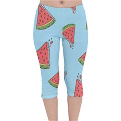 Watermelon Fruit Pattern Tropical Velvet Capri Leggings  by Apen