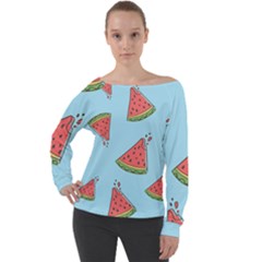 Watermelon Fruit Pattern Tropical Off Shoulder Long Sleeve Velour Top by Apen