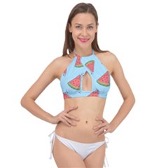 Watermelon Fruit Pattern Tropical Cross Front Halter Bikini Top by Apen