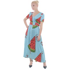 Watermelon Fruit Pattern Tropical Button Up Short Sleeve Maxi Dress by Apen