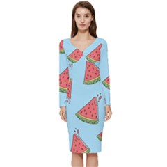 Watermelon Fruit Pattern Tropical Long Sleeve V-neck Bodycon Dress  by Apen